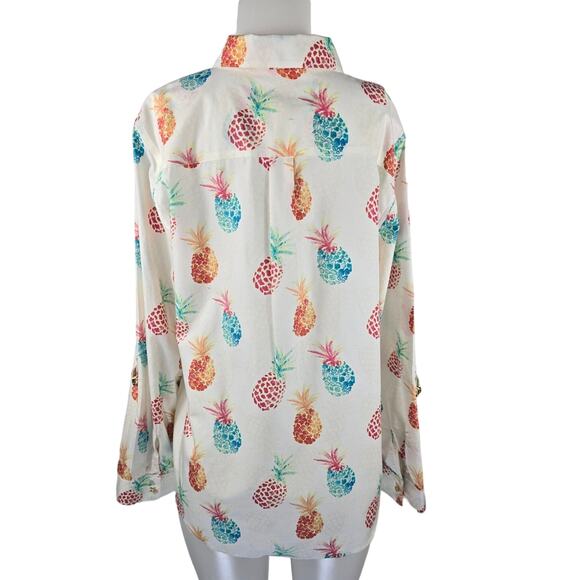 Chico's Button Up Roll Sleeves Up or Down White Pineapple Novelty Blouse 3 - L - Picture 3 of 6